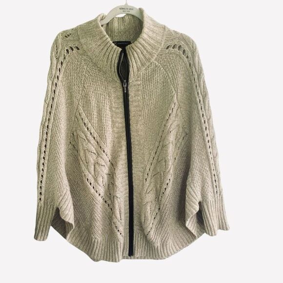 INC International Concepts Beige Cable Knit Zip Poncho Sweater L-XL Cotton Blend - Picture 1 of 5